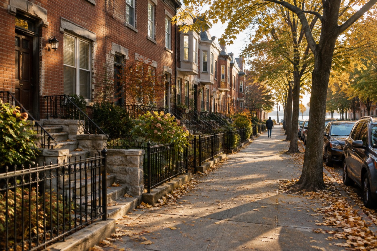 Brick row houses with stone stoops on a leafy Brooklyn street in autumn light.