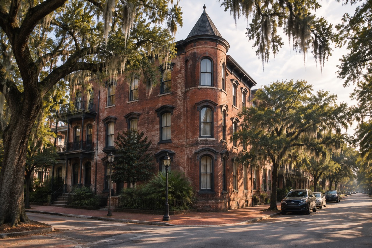Red-brick Victorian apartment building with corner turret on a tree-lined Wilmington street in golden light.