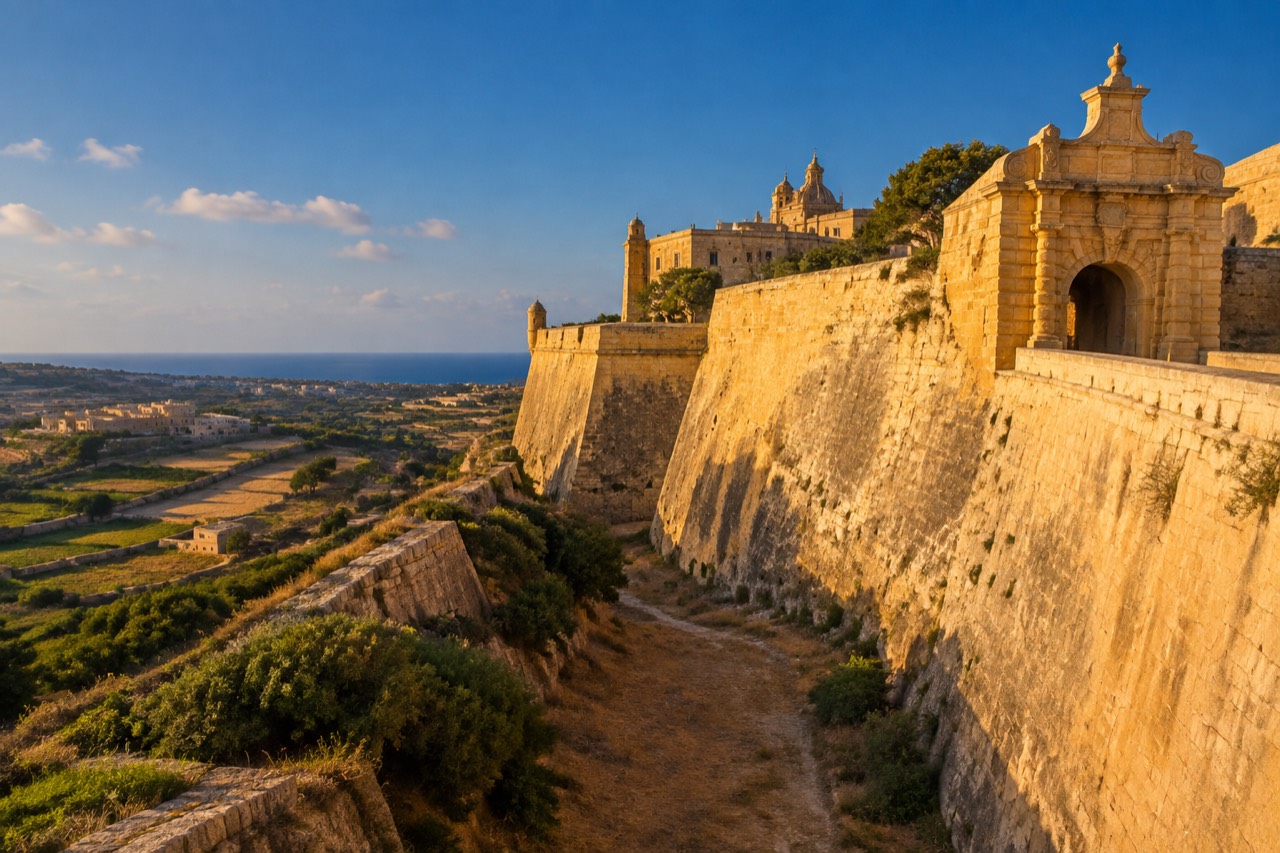 Sunlit limestone fortress walls and arched gateway crowning a hill in Malta