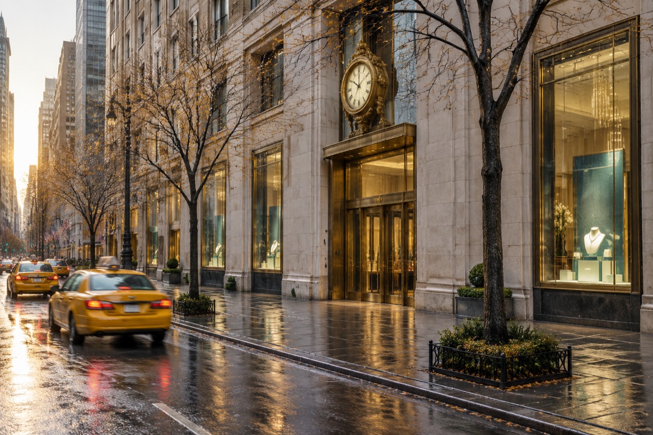 Glowing storefront windows and gilded clock on a Fifth Avenue facade at dawn.