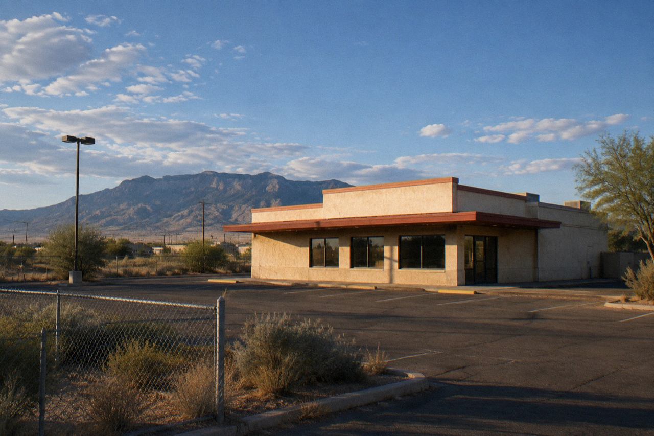 Tan stucco fast-food restaurant in harsh desert sunlight, empty parking lot, mountains beyond.