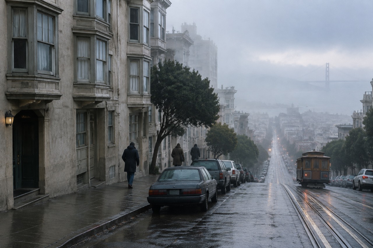 Apartment building on a steep foggy San Francisco street with parked cars and cable tracks