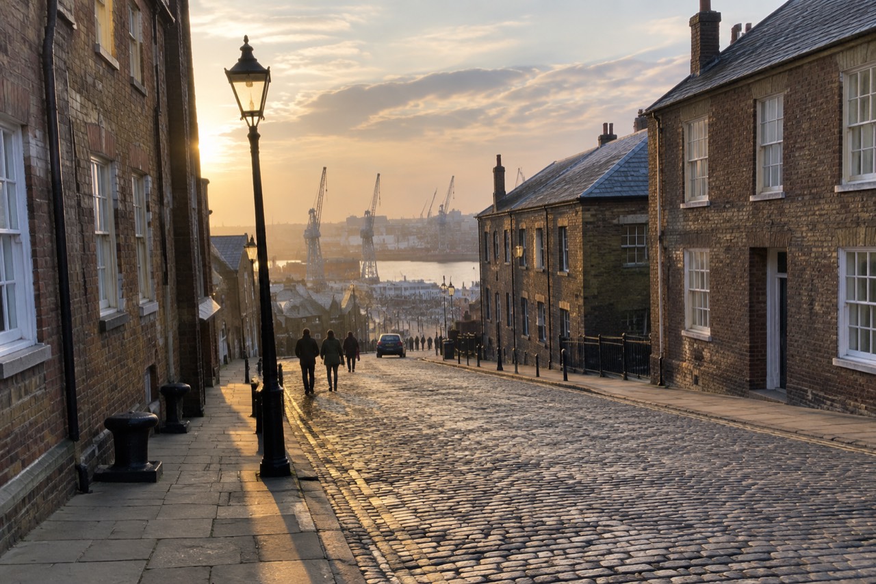 Cobbled dockyard street lined with old brick buildings and lampposts in warm golden light