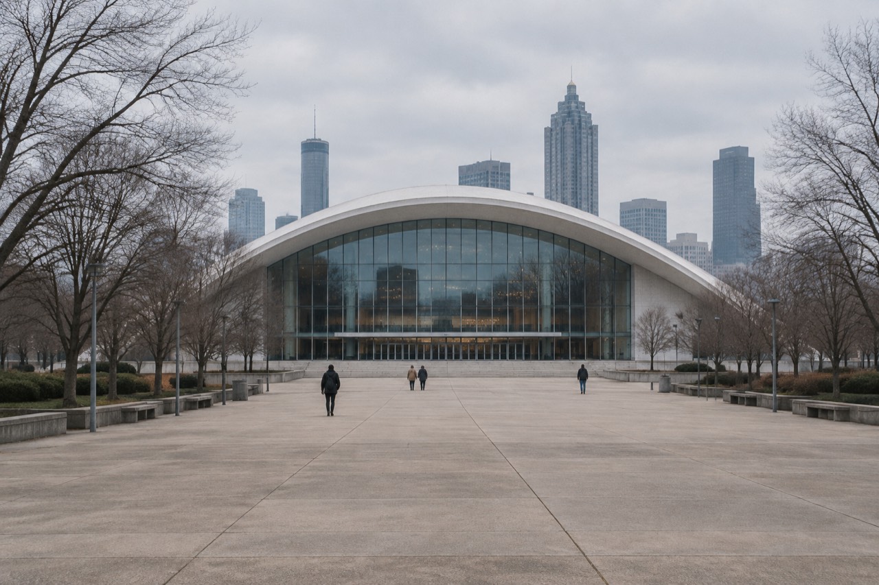 White arched roof of an Atlanta civic hall above glass lobby and plaza, winter.