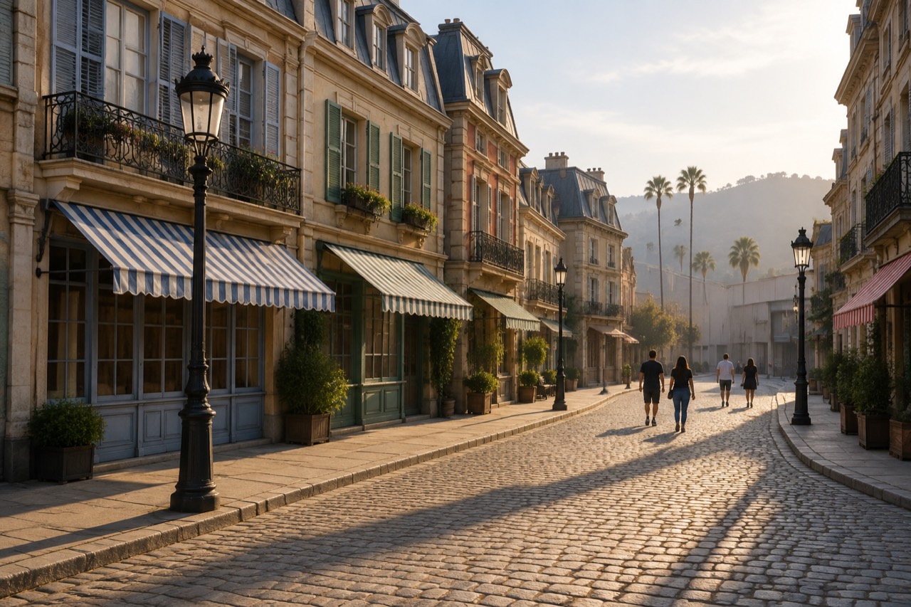 Backlot street with Parisian-style facades in warm afternoon light
