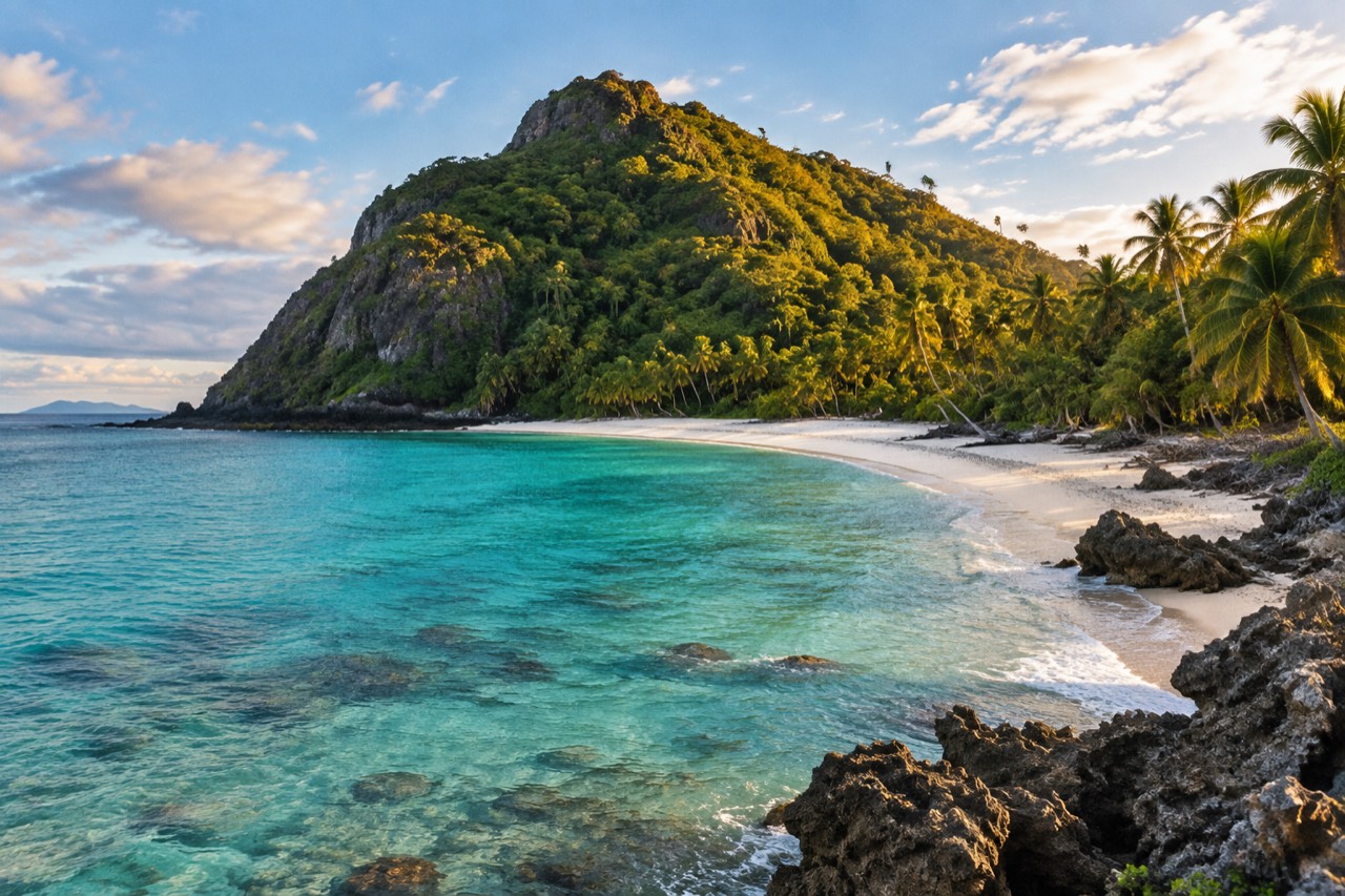 Small volcanic island with jungle slopes, white sand beach and turquoise lagoon, Fiji.