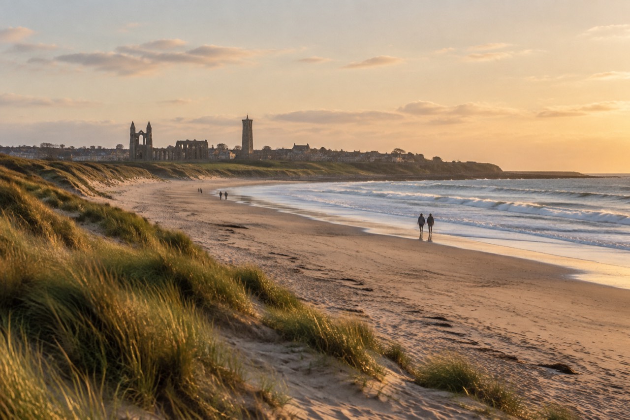 Golden morning light over West Sands beach, dunes and distant St Andrews skyline by the sea.