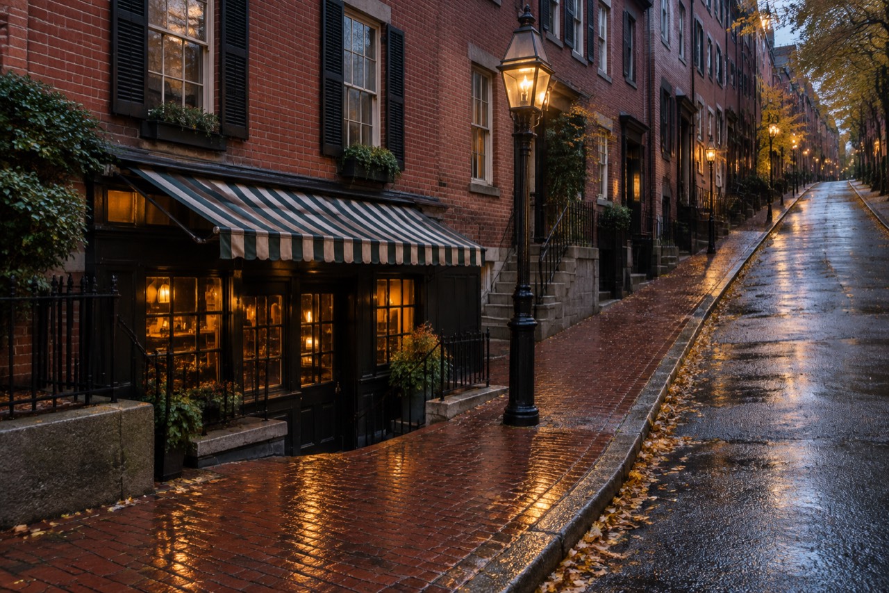 Brick corner pub entrance under striped awning on Beacon Hill street at dusk