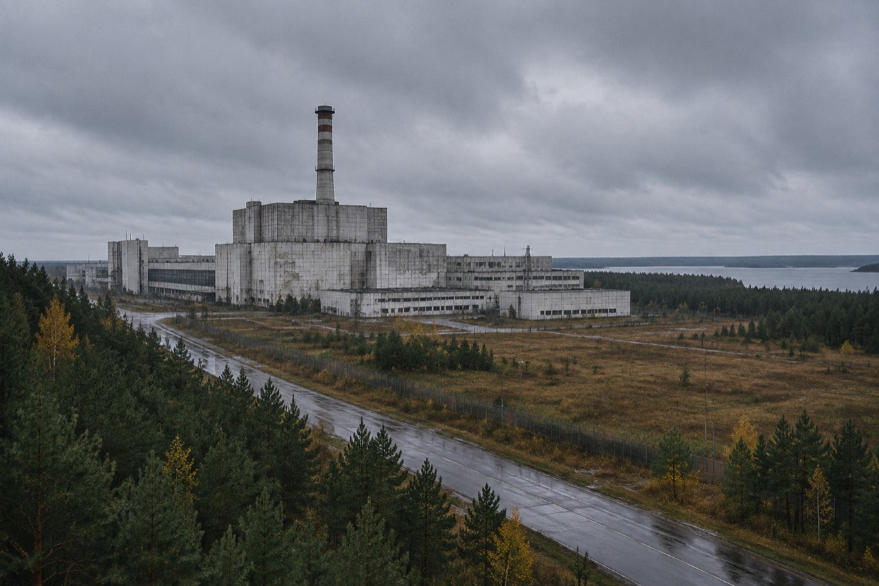 Gray concrete facade of a decommissioned power plant under overcast autumn sky, pine forest nearby.