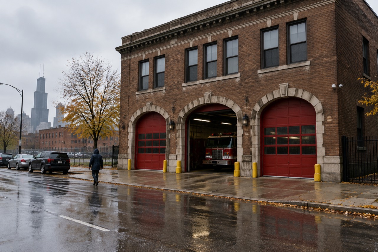 Historic brick firehouse with tall arched bay doors on a grey Chicago street.