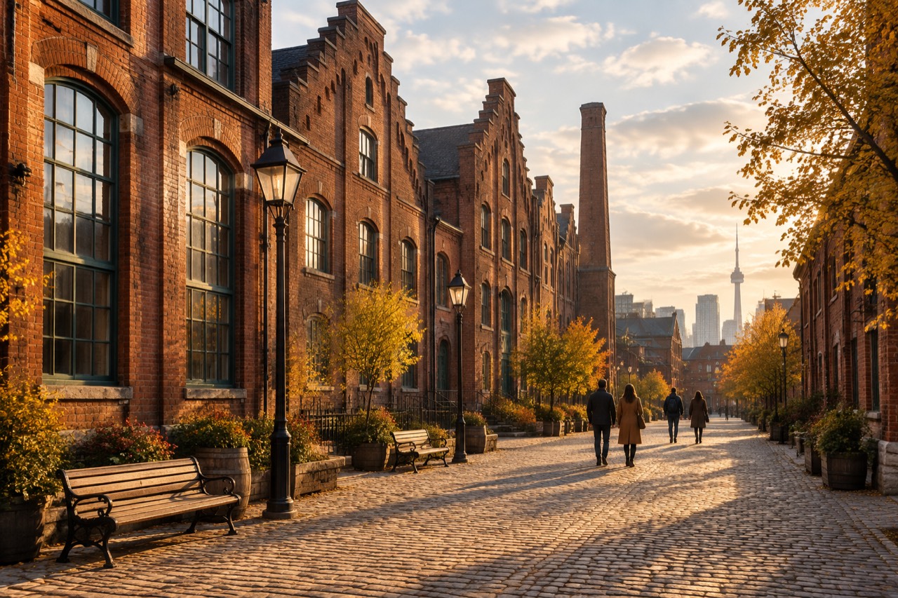 Cobblestone lane lined with red brick Victorian industrial buildings in Toronto's Distillery District at dusk.