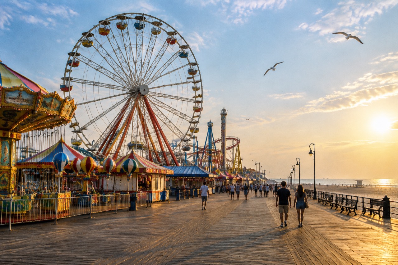 Vintage Ferris wheel rising over Coney Island boardwalk, beach and Atlantic under hazy summer sky.