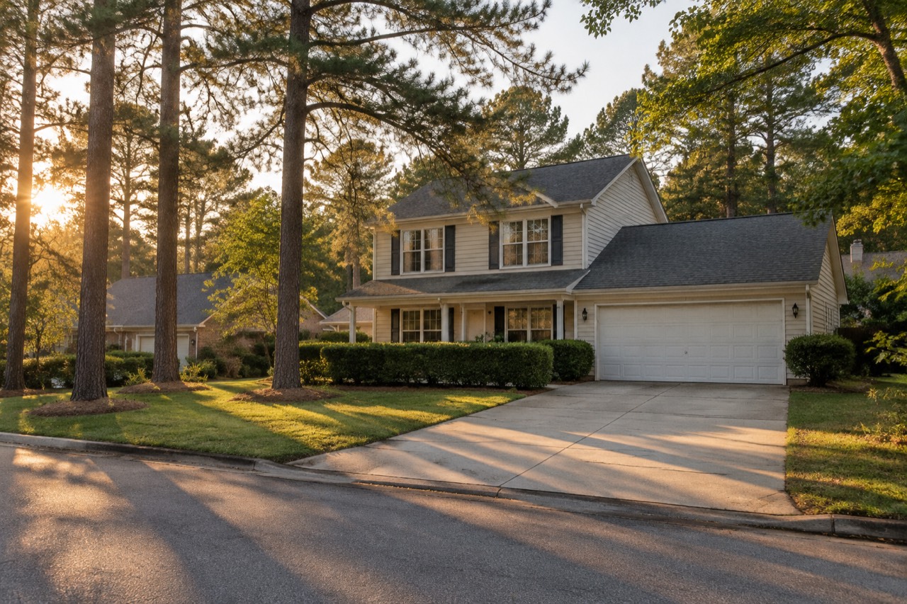 Suburban house with lawn and garage on a leafy Marietta street at sunset