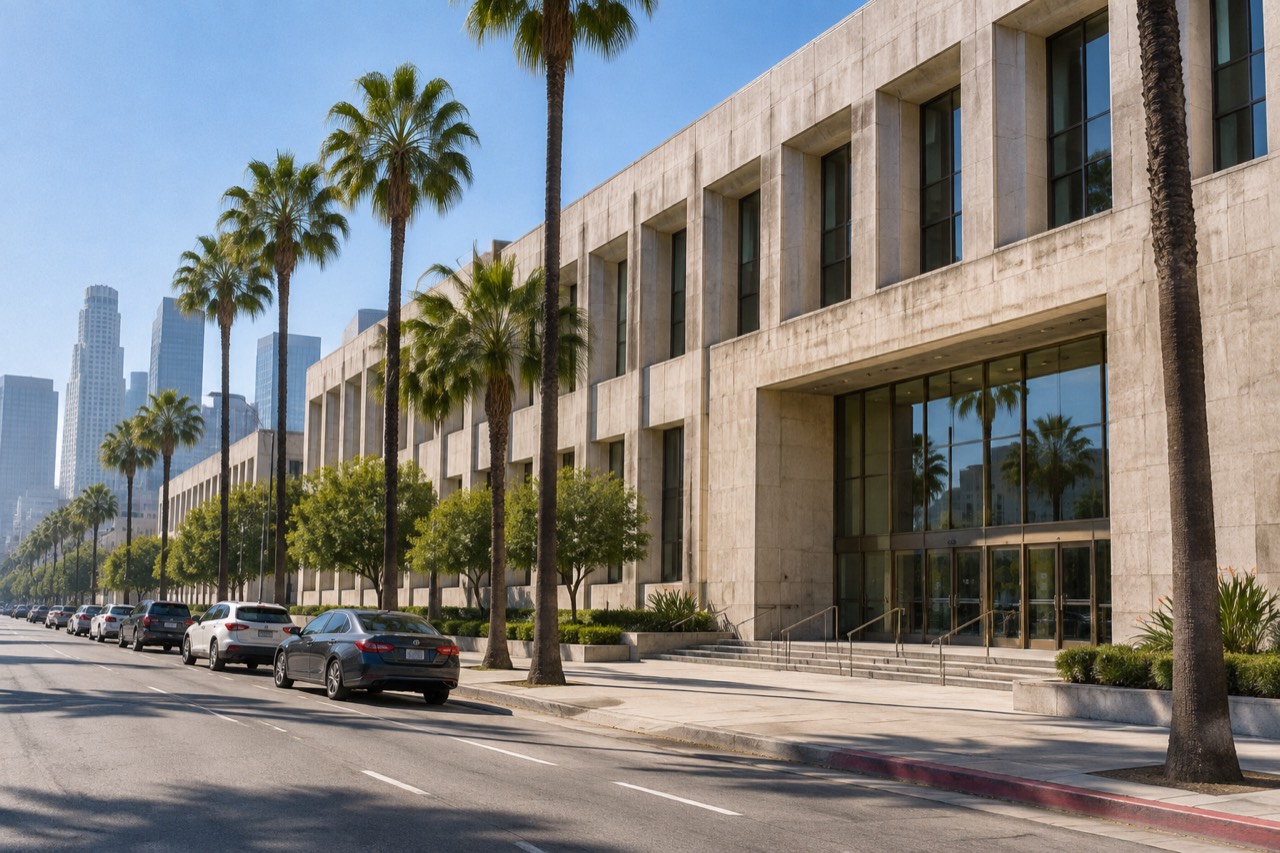 Concrete civic building with palm trees on a sunny downtown Los Angeles street