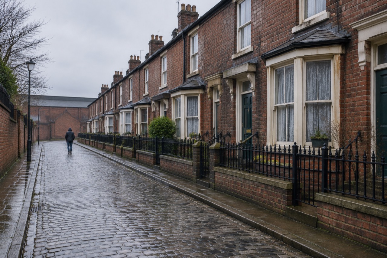 Narrow cobbled street with red-brick terraced houses under a grey sky, distant figure walking away.
