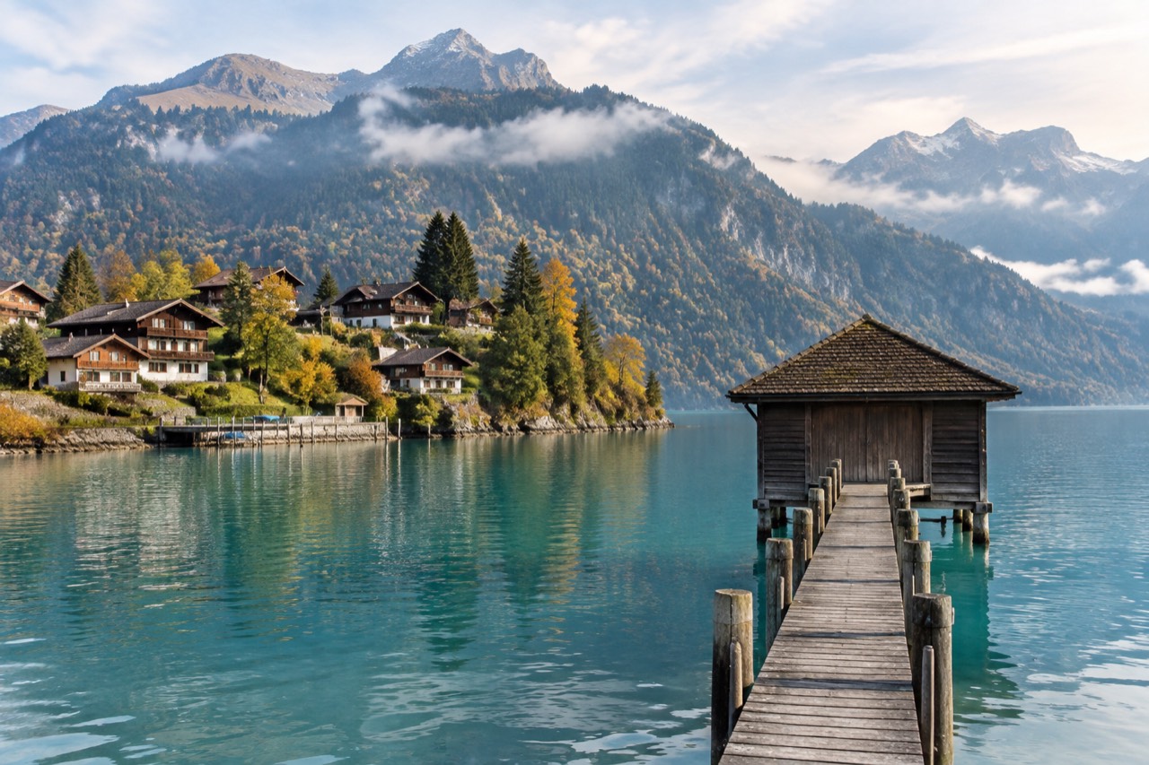 Wooden pier leading to a lakeside boathouse on turquoise Lake Brienz, forested Alps behind.