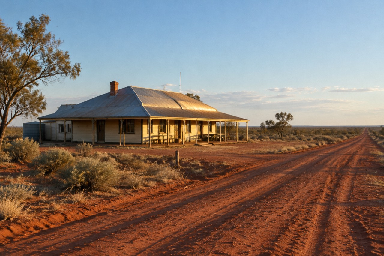 Remote outback pub with corrugated iron veranda beside red dirt road under wide sky