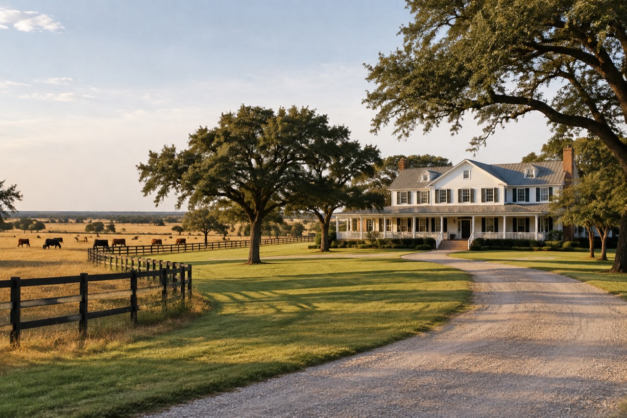 White ranch mansion with veranda behind lawns and oak trees under wide Texas sky