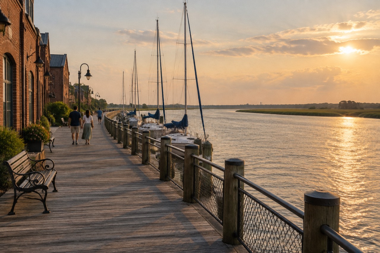 Wooden riverwalk boardwalk at sunset along the Cape Fear River in Wilmington, North Carolina