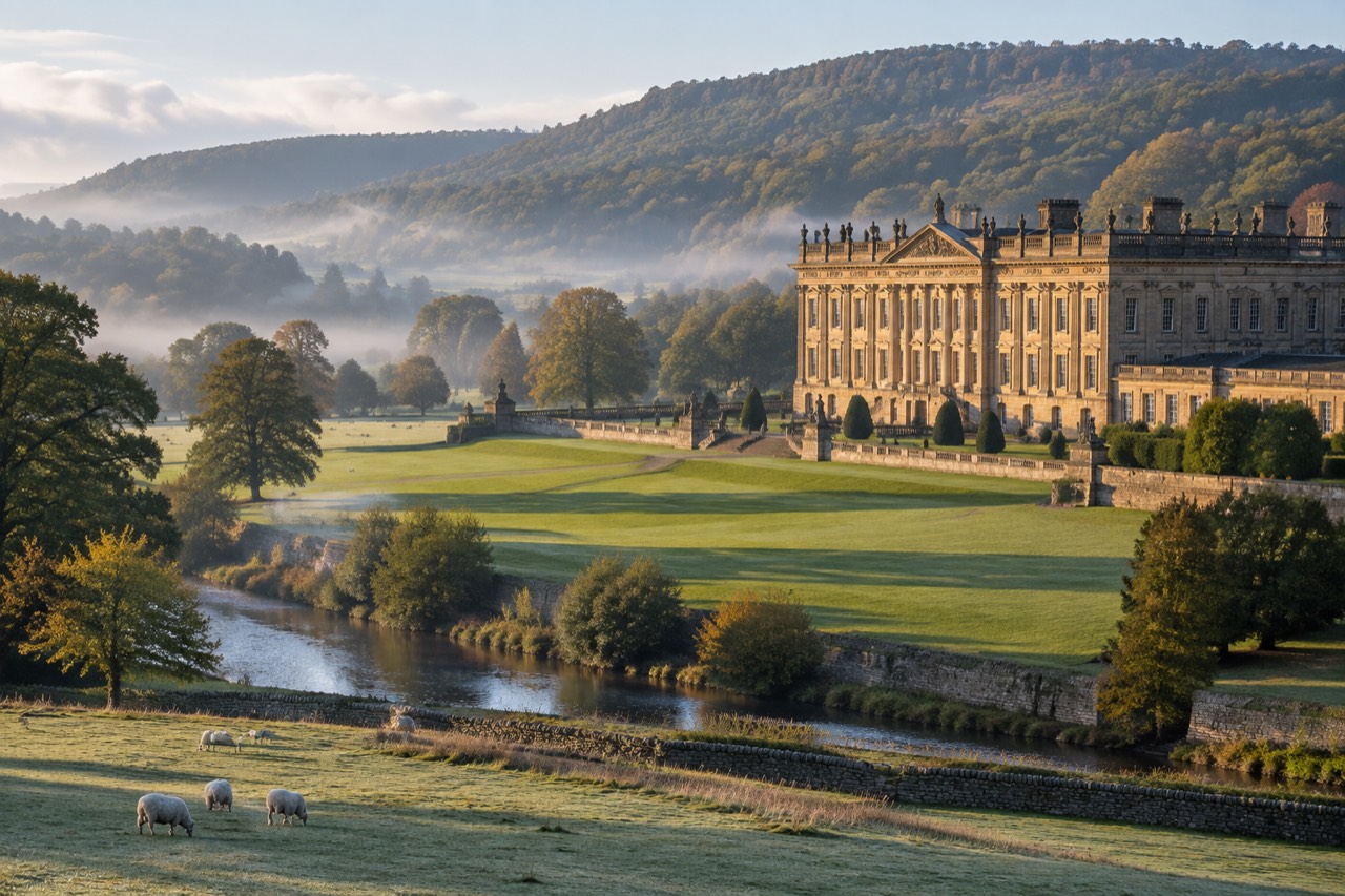 Golden stone baroque country house on misty parkland lawns in the Derbyshire Peak District.