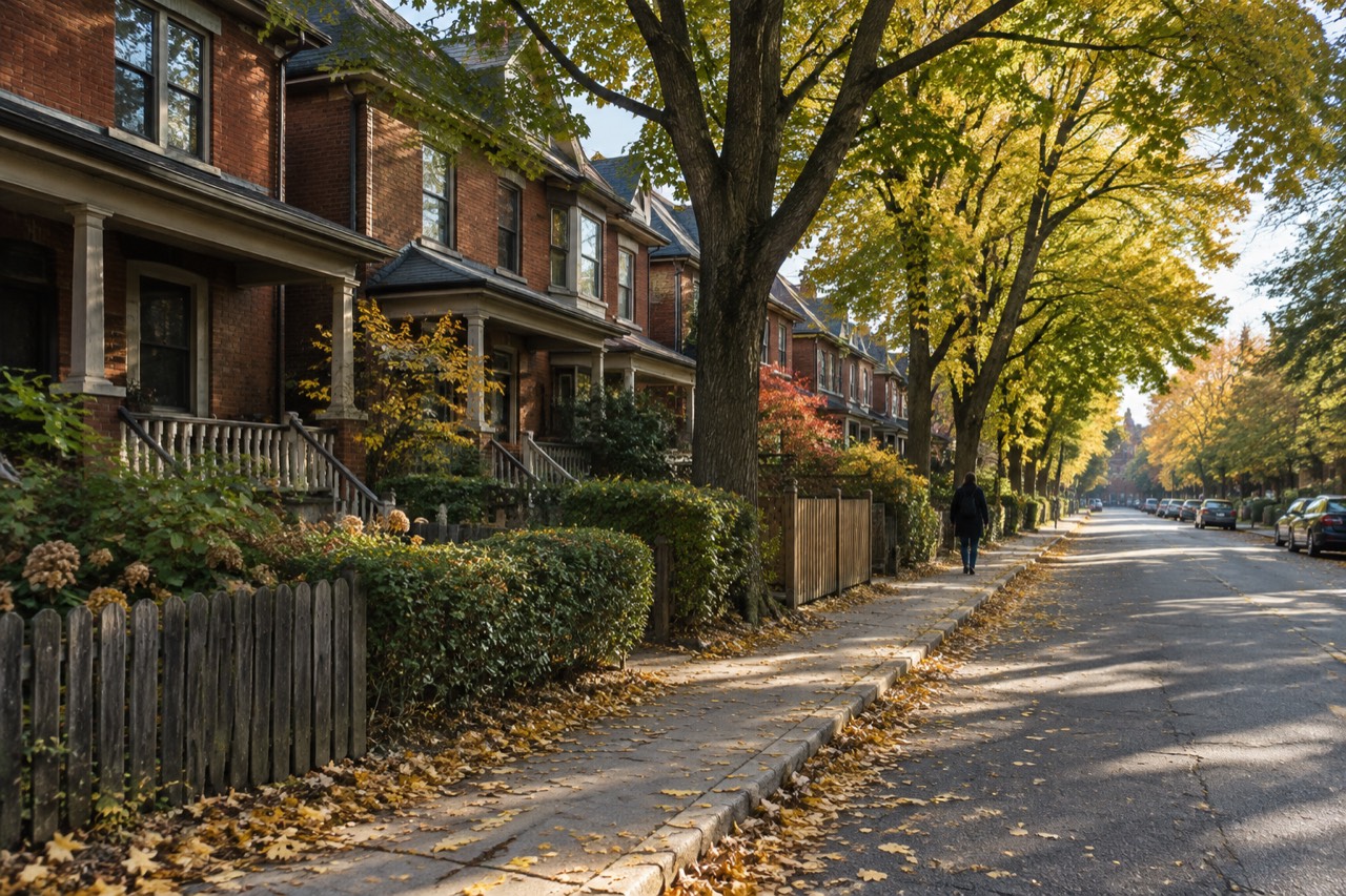 Quiet brick-cottage street in Toronto with autumn leaves, maples, porches, and distant figure walking away.