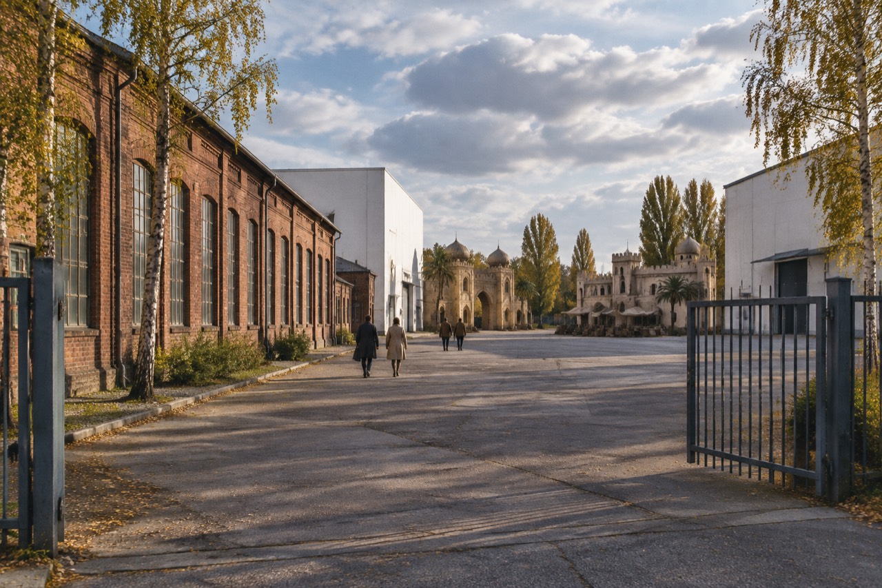 Red-brick studio halls and white soundstages in a sunlit Potsdam backlot.