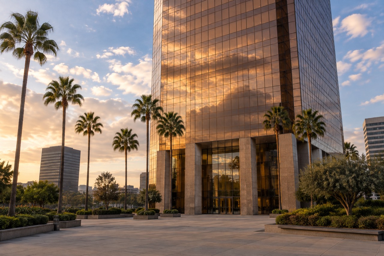 Bronze glass skyscraper towering above a palm-lined plaza in Century City, Los Angeles.