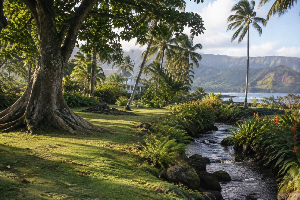 Lush tropical garden with coconut palms, fig trees, a stream and white cottage.