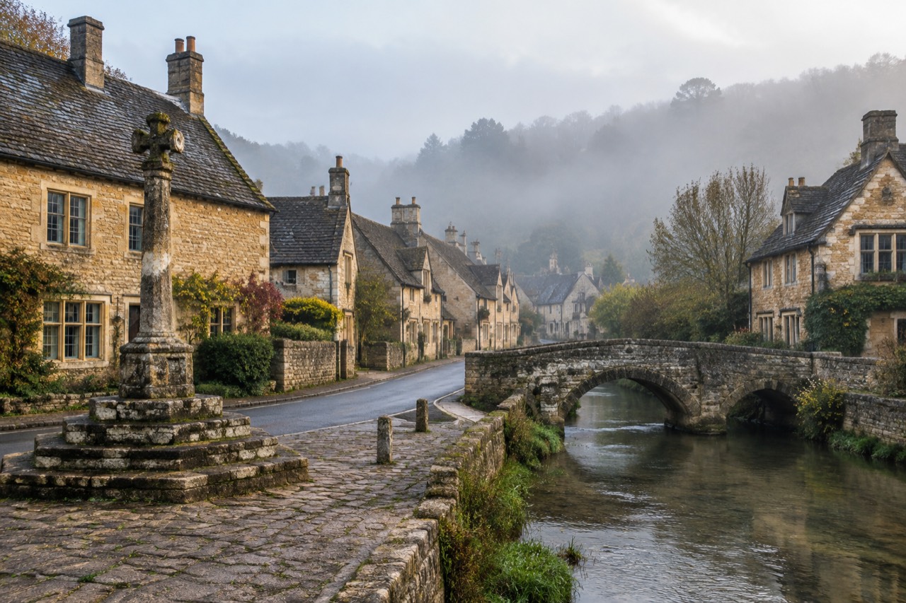 Honey-coloured stone cottages, market cross and small bridge over a brook in a Cotswolds village