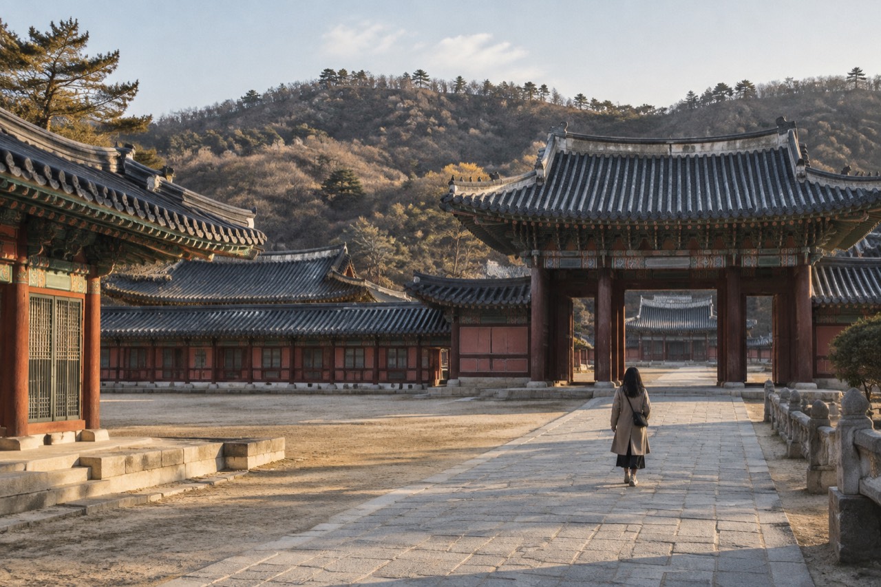 Curved tiled roofs and painted pillars of a Joseon palace courtyard in afternoon sun