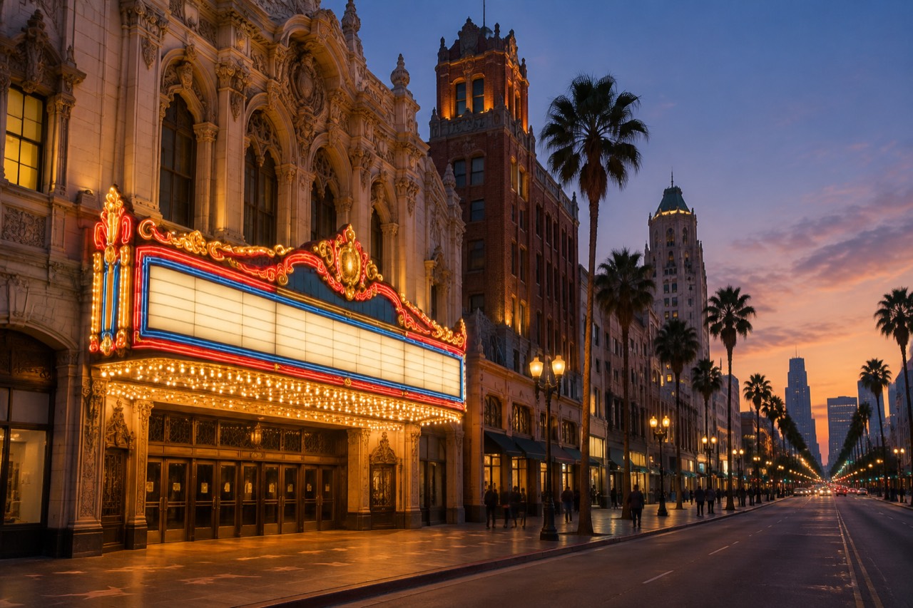 Orpheum Theatre facade at dusk with glowing marquee lights on Broadway in downtown Los Angeles