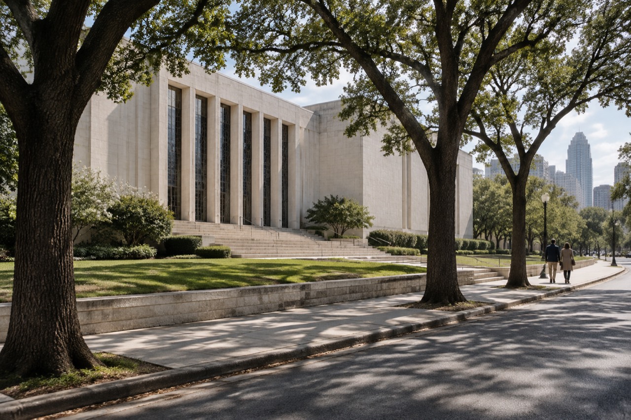 Large stone synagogue facade on a tree-lined Atlanta street on a sunny morning.