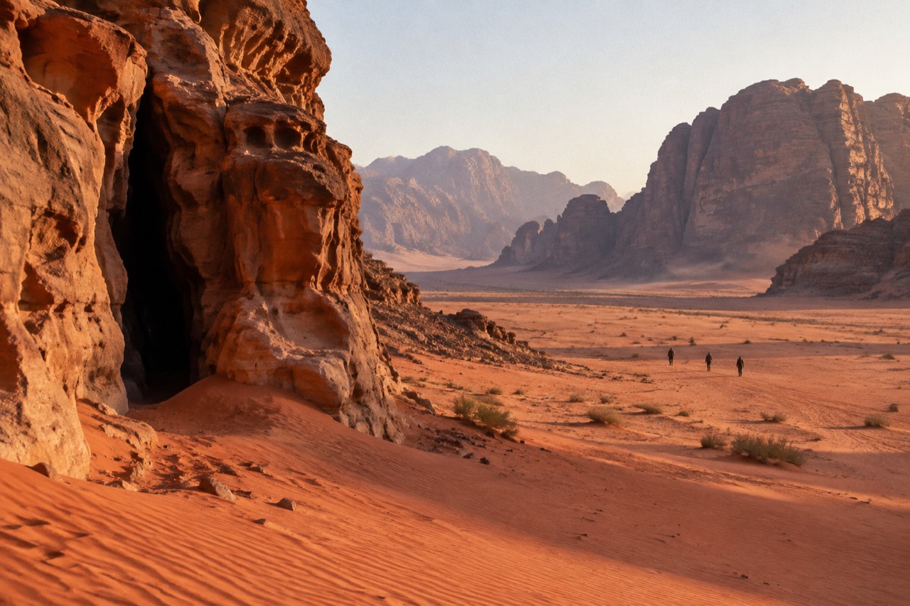 Red sandstone cliffs rising over rippled desert sand in Wadi Rum, Jordan, at dusk.