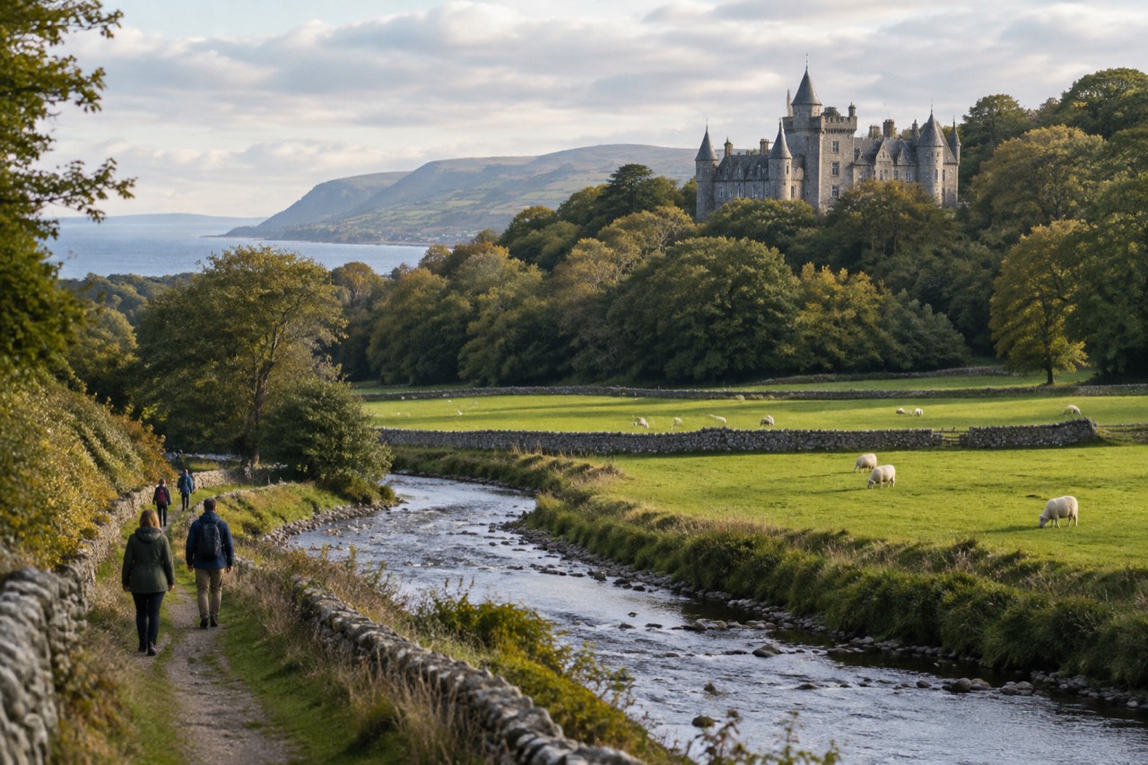 Green meadow by a river and stone walls, castle turrets above trees