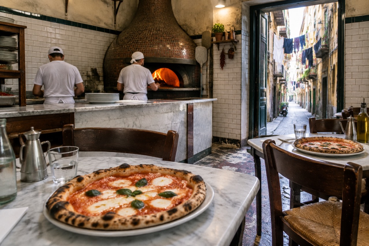 Marble tables with margherita pizzas inside a white-tiled Neapolitan pizzeria, glowing oven behind.