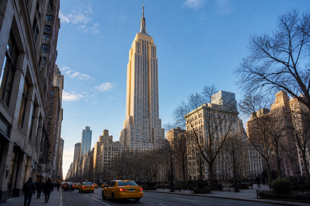 Empire State Building's limestone setbacks and spire above a winter Manhattan street