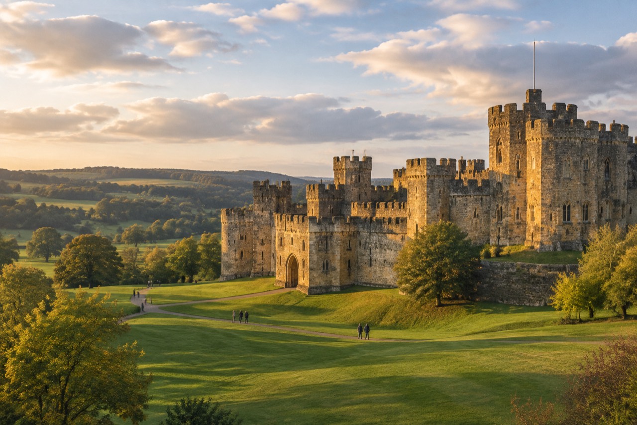 Alnwick Castle's medieval stone towers and battlements above lawns in Northumberland.