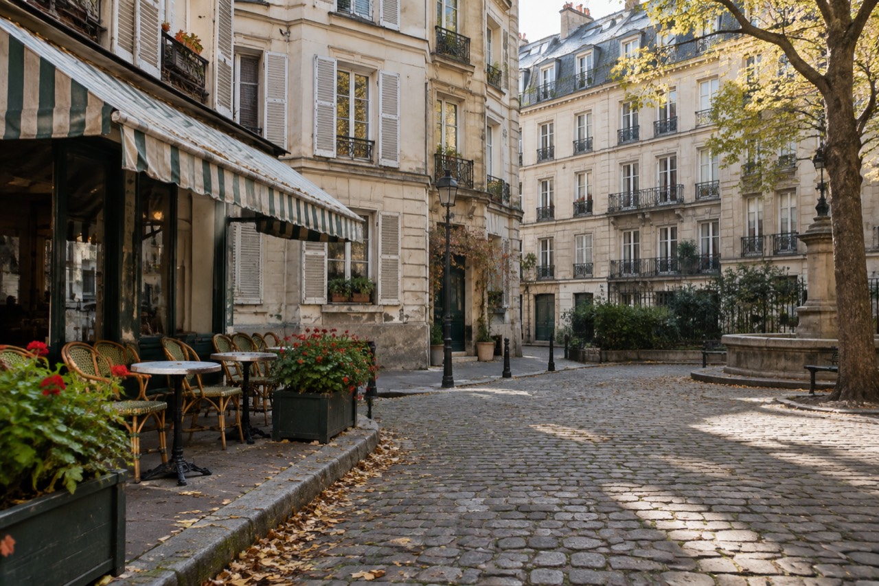 Cobblestone Parisian square with cream stone buildings, café terrace chairs, and autumn morning light