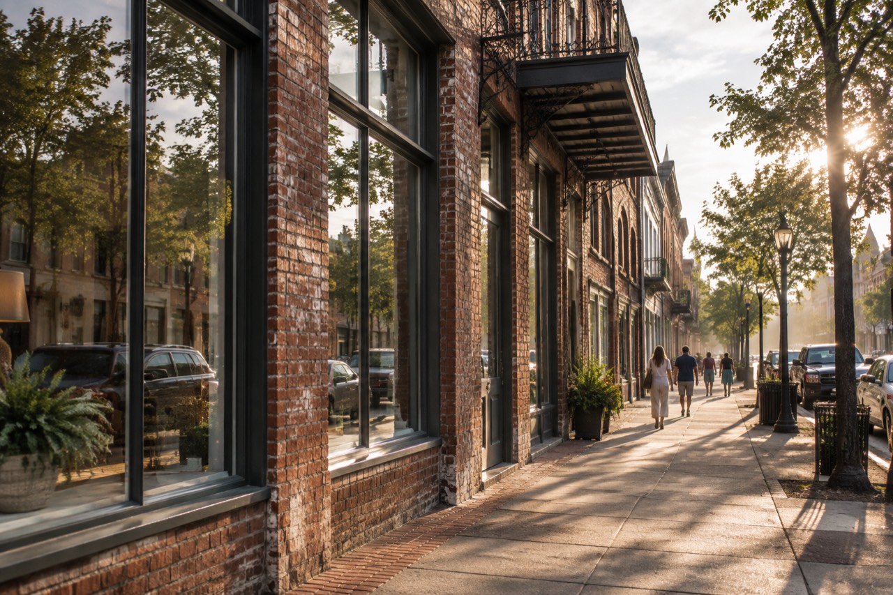 Historic brick storefront facade on a sunlit downtown street in Wilmington, North Carolina