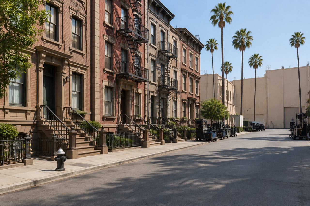 Brick New York-style backlot facades and soundstage walls under California sun
