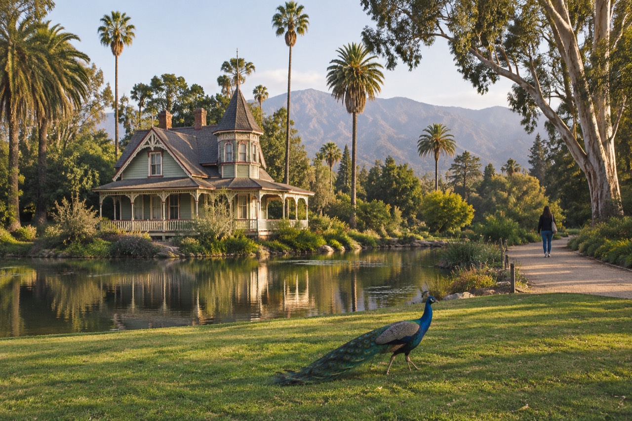Victorian cottage with gingerbread trim beside a lagoon, palms, mountains, and a peacock