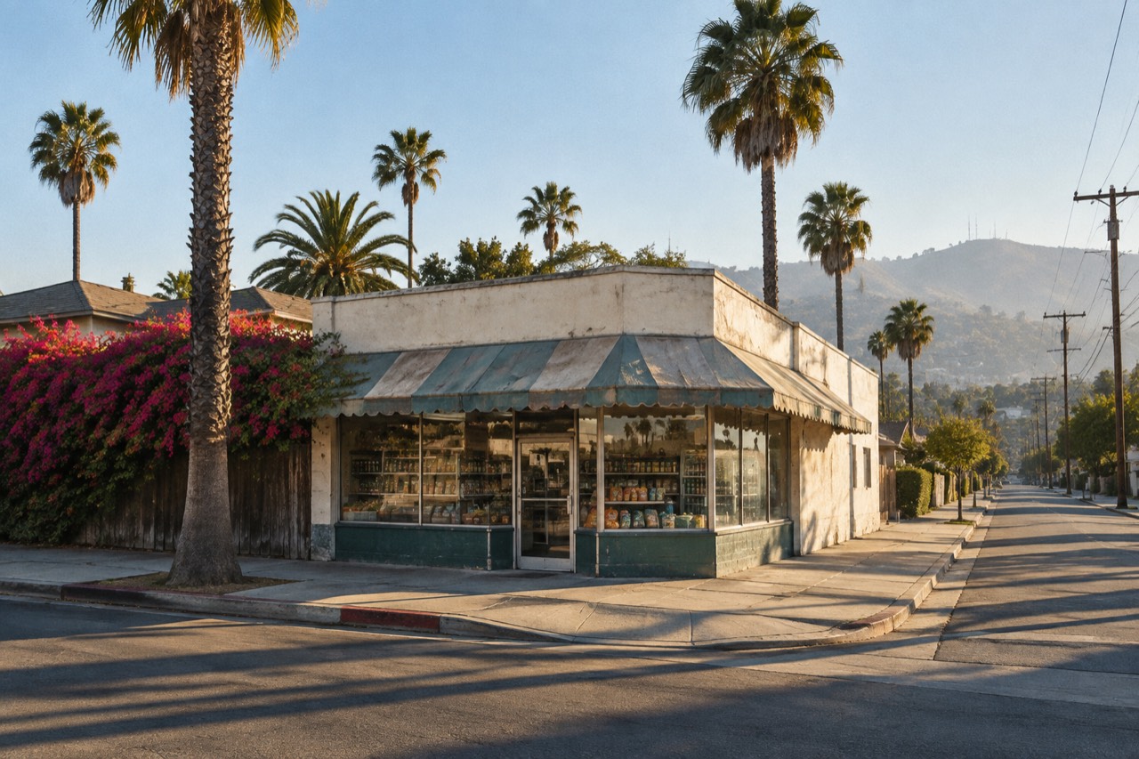 Corner stucco market under palms in warm afternoon light on quiet Los Angeles street
