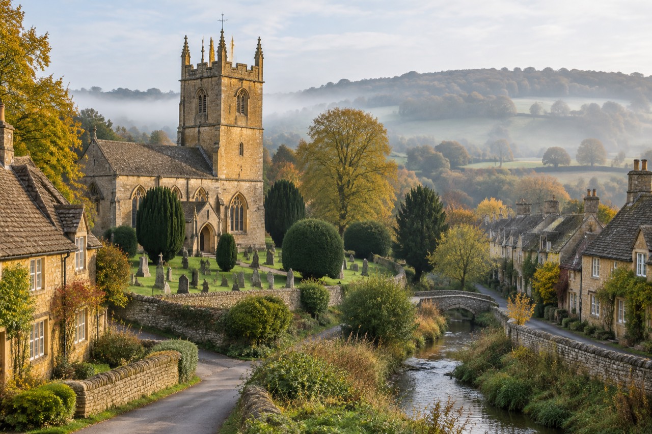 Honey-coloured stone village church with square tower beside cottages and misty Cotswold hills