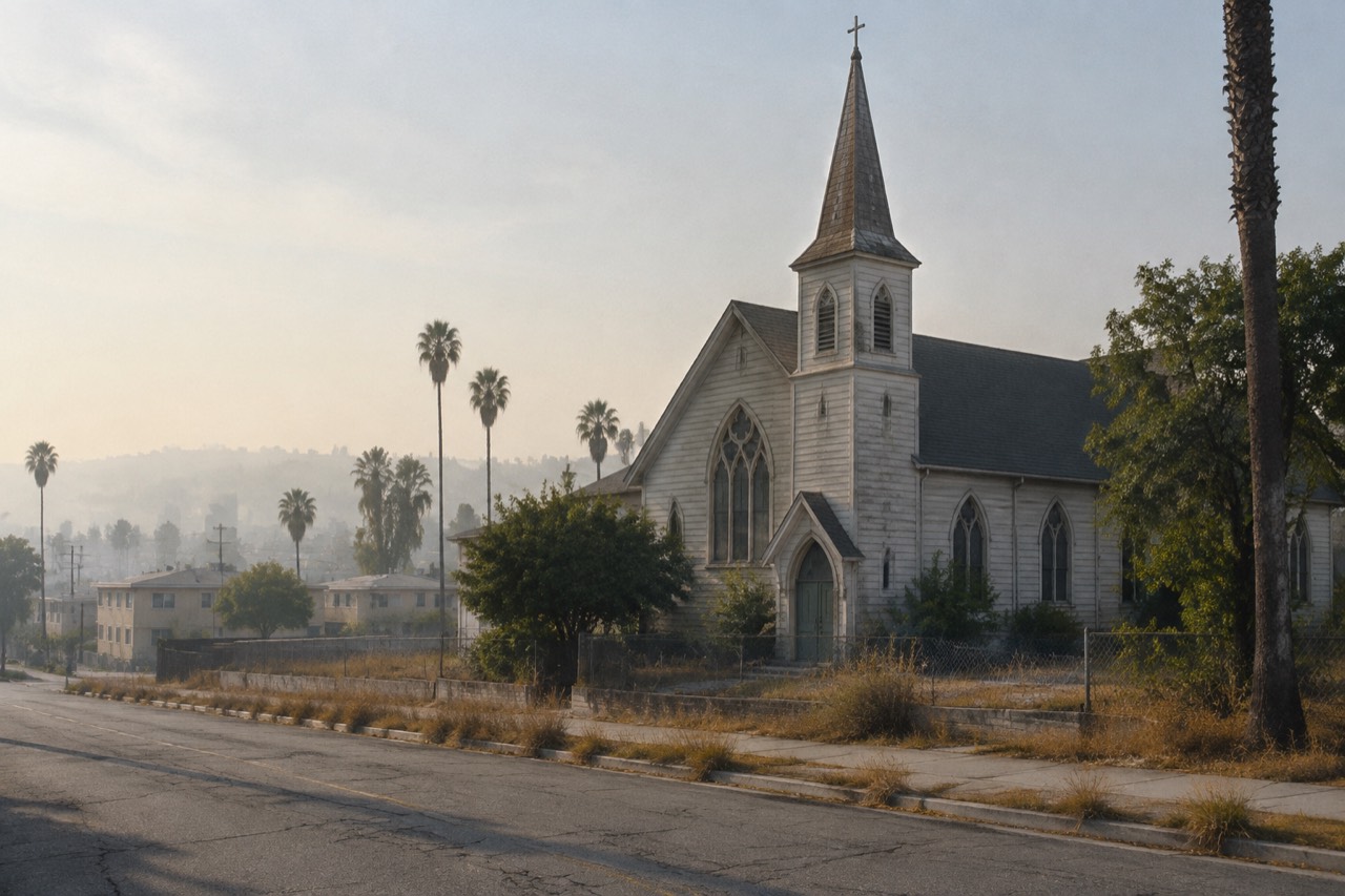 Weathered steepled church beside a quiet Los Angeles street under hazy morning light.