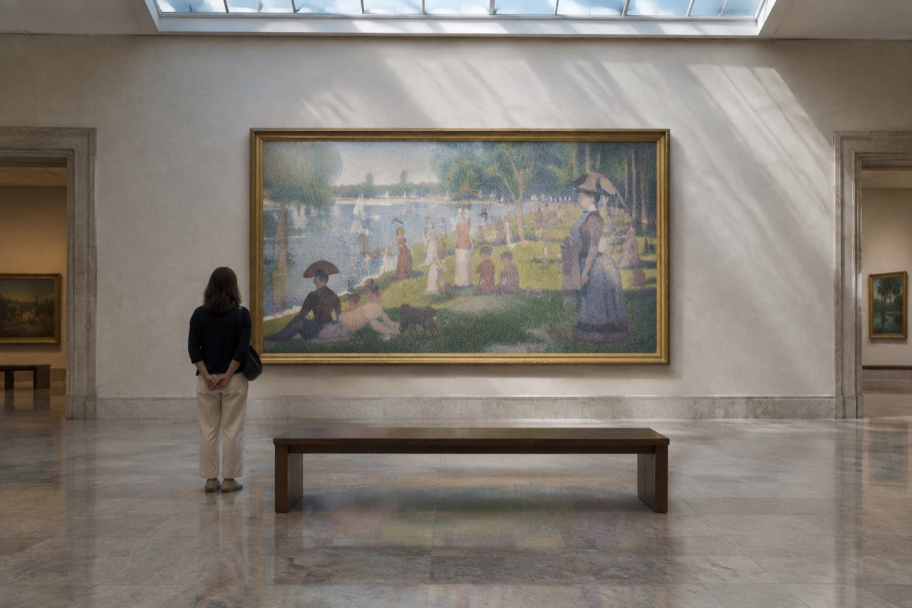 Visitor from behind viewing a large pointillist park painting in a sunlit museum gallery
