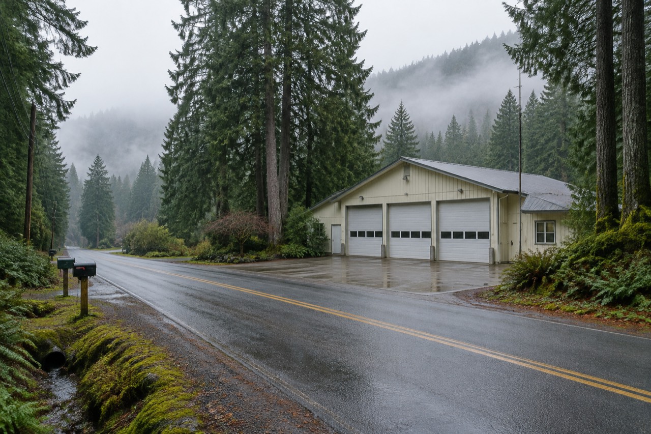 Small cream fire hall with garage doors beside tall evergreens on a misty forest road.