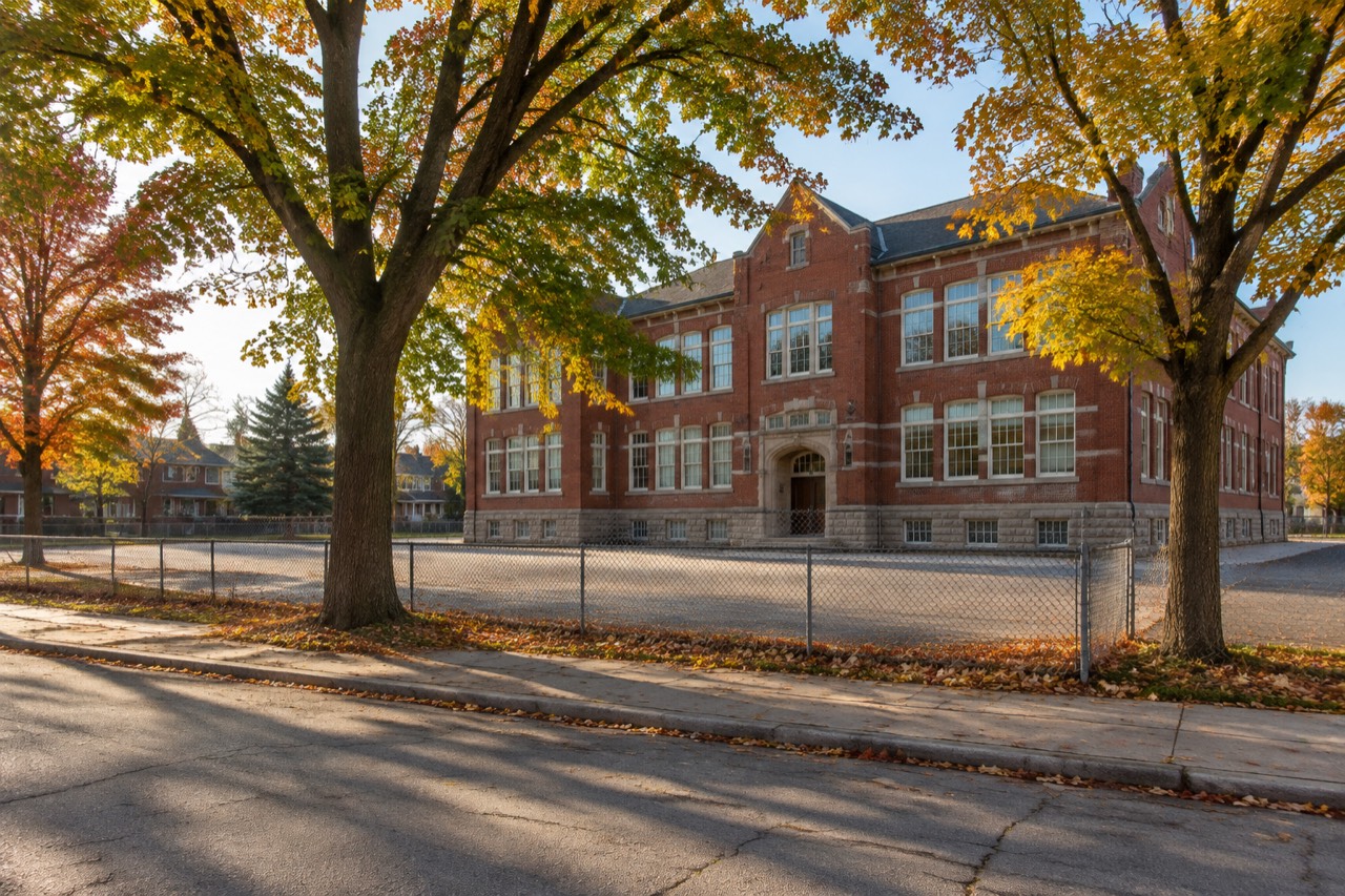 Red-brick elementary school behind maple trees on a quiet street, autumn afternoon