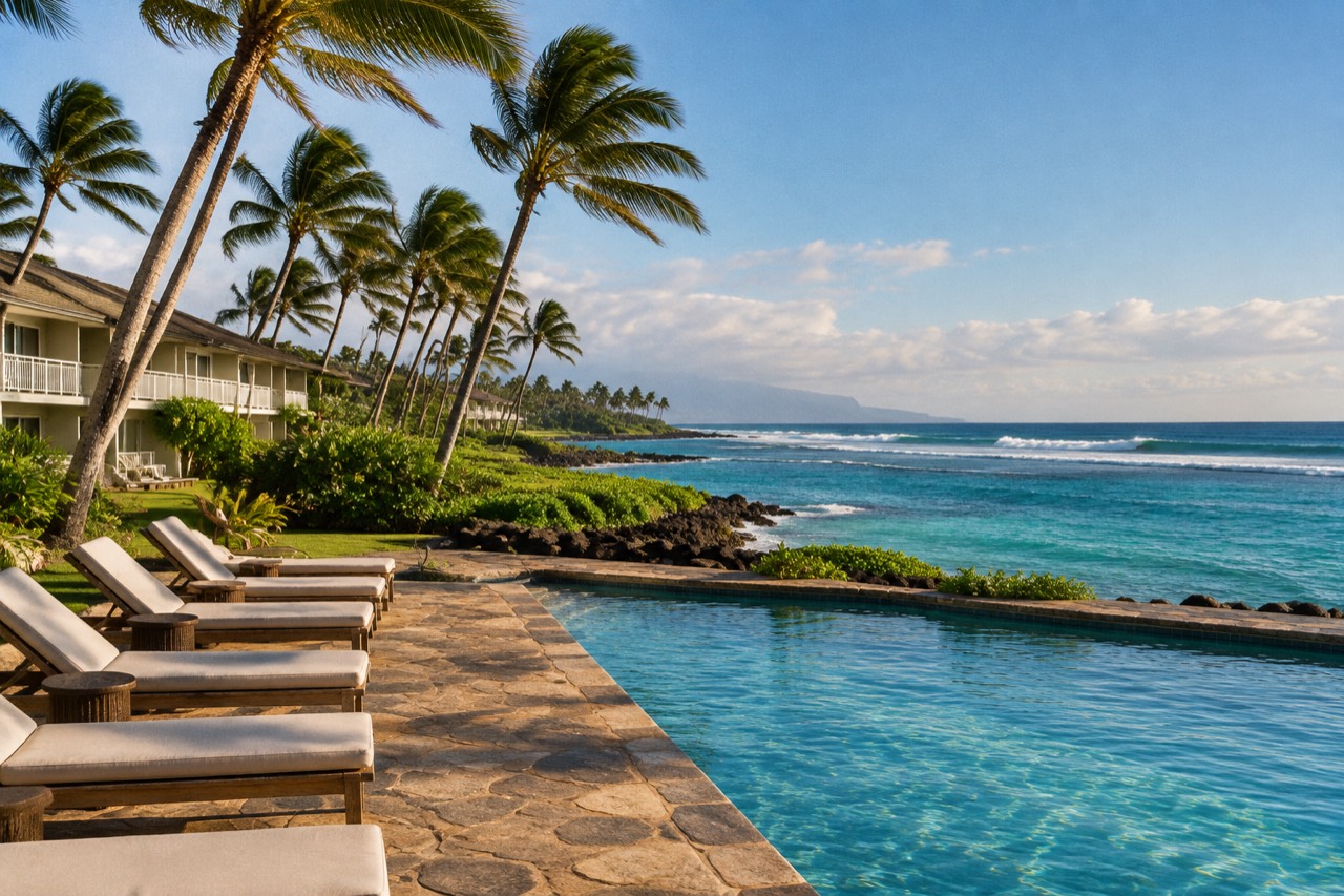 Beachfront resort pool deck with palm trees, loungers, and Pacific waves under afternoon sun.