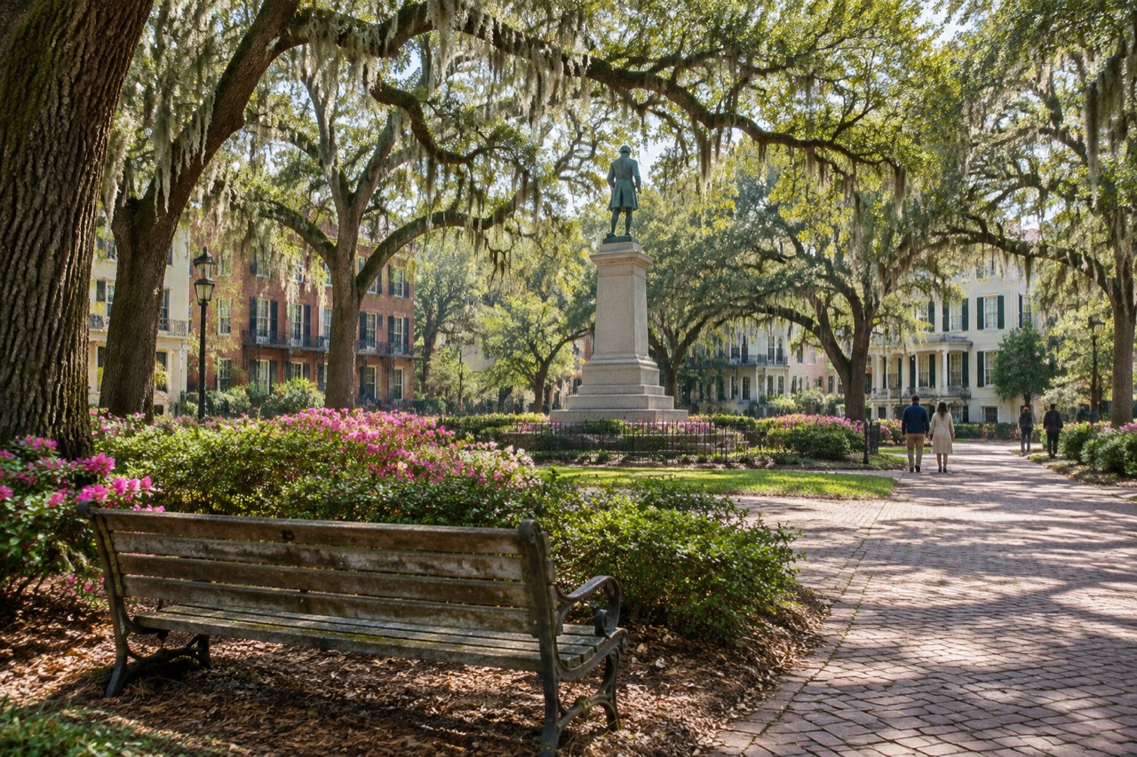 Wooden bench beneath moss-draped oaks in Savannah's historic square, bronze monument beyond.