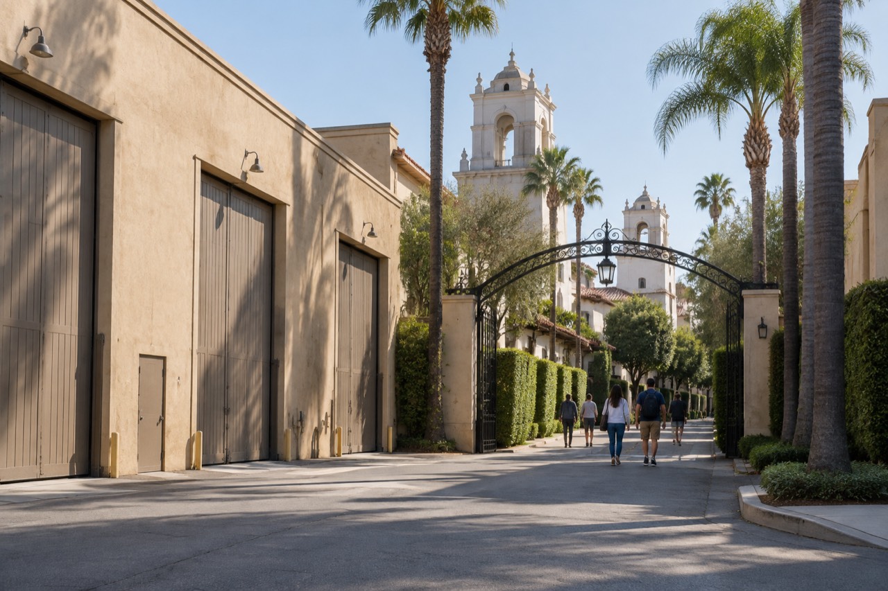 Iron gateway and stucco soundstage buildings under palms at a Hollywood studio lot